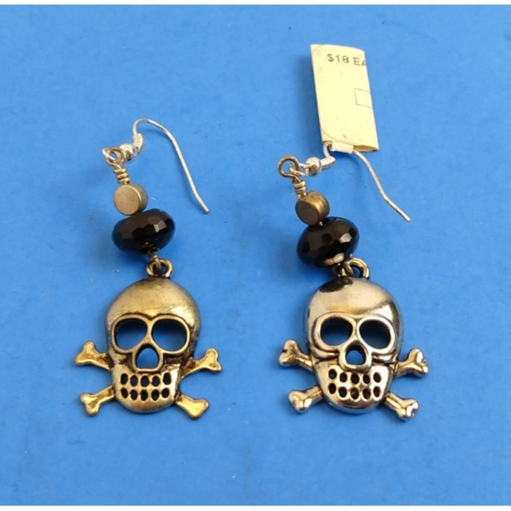 Silver Tone Black Charm Candy Skull Earrings Halloween Day of the Dead